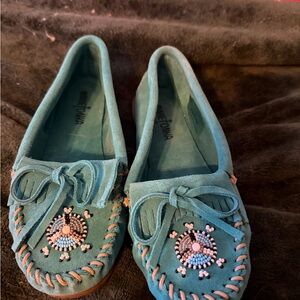 Minnetonka Teal Moccasins with Beaded Design